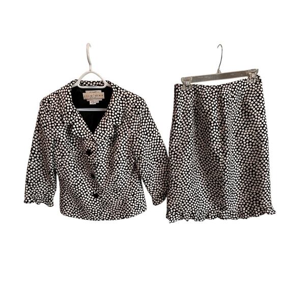 Lillie Rubin Vintage Silk Polka Dot Skirt Suit Set Sz 6 Black White Ruffle Hem - Picture 1 of 16